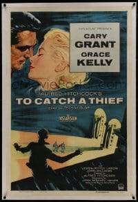 6a485 TO CATCH A THIEF linen 1sh 1955 art of beautiful Grace Kelly & Cary Grant, Alfred Hitchcock!