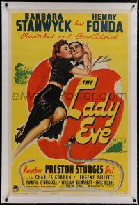 8m368 LADY EVE linen 1sh 1941 Preston Sturges, great Biblical art of Barbara Stanwyck & Henry Fonda!