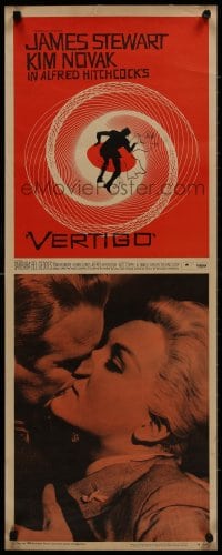 8s159 VERTIGO insert 1958 Alfred Hitchcock classic, Saul Bass art + Stewart & Kim Novak kissing!