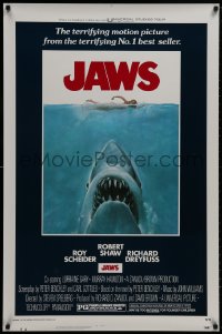 8s131 JAWS 1sh 1975 Kastel art of Steven Spielberg's classic man-eating shark attacking swimmer!