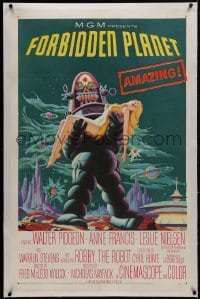 1m089 FORBIDDEN PLANET linen 1sh 1956 classic art of Robby the Robot carrying sexy Anne Francis!