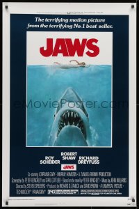 1p134 JAWS 1sh 1975 classic man-eating shark attacking swimmer art, unfolded & excellent condition!