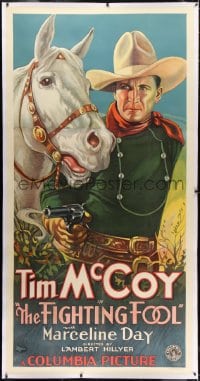 2h011 FIGHTING FOOL linen 3sh 1932 incredible art of Tim McCoy with smoking gun & horse, ultra rare!