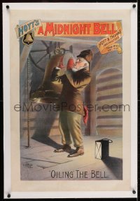2j153 HOYT'S A MIDNIGHT BELL linen 20x30 stage poster 1889 art of bellringer drinking to keep warm!