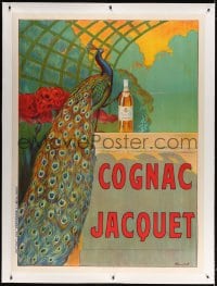 4j228 COGNAC JACQUET linen 46x63 French advertising poster 1900s Camille Bouchet art of peacock!