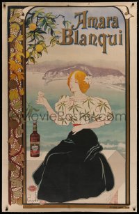 2a138 AMARA BLANQUI linen 35x54 French advertising poster 1898 Guydo art of woman enjoying a drink!