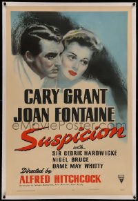 6y0276 SUSPICION linen 1sh 1941 Alfred Hitchcock, art of Cary Grant & Joan Fontaine, ultra rare!