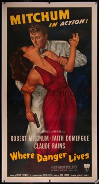 6z0035 WHERE DANGER LIVES linen 3sh 1950 great Zamparelli art of Robert Mitchum grabbing Domergue!