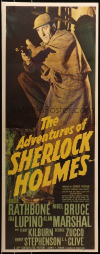 7a0338 ADVENTURES OF SHERLOCK HOLMES insert 1939 detective Basil Rathbone with gun, ultra rare!
