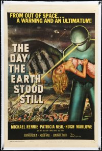 3j0928 DAY THE EARTH STOOD STILL linen 1sh 1951 most classic sci-fi art of Gort holding Neal, rare!