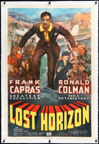 3j1037 LOST HORIZON linen 1sh 1937 Frank Capra, Ronald Colman, best James Montgomery Flagg art, rare!