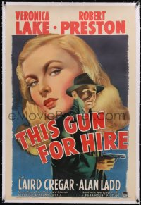 4x0787 THIS GUN FOR HIRE linen 1sh 1942 most iconic art of Alan Ladd with gun & sexy Veronica Lake!