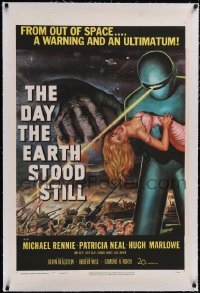 5h0460 DAY THE EARTH STOOD STILL linen 1sh 1951 most classic sci-fi art of Gort holding Neal, rare!