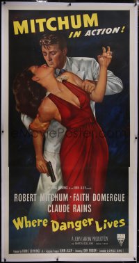 5p0417 WHERE DANGER LIVES linen style B 3sh 1950 classic Zamparelli art of Mitchum grabbing Domergue!