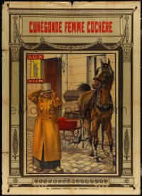 6f0025 CUNEGONDE FEMME COCHERE French 40x55 1912 art of woman wearing big hat by horse, ultra rare!