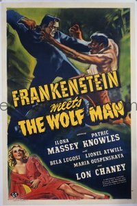 VHP7 088 FRANKENSTEIN MEETS THE WOLF MAN linen one-sheet movie poster '43 Chaney