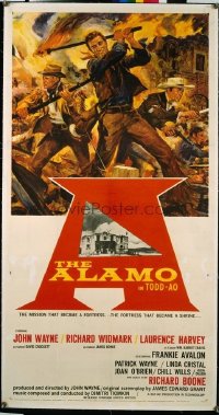 t089 ALAMO linen three-sheet movie poster '60 John Wayne, Reynold Brown art!